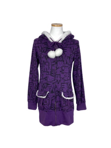 violet patterned pompom hood zip-up